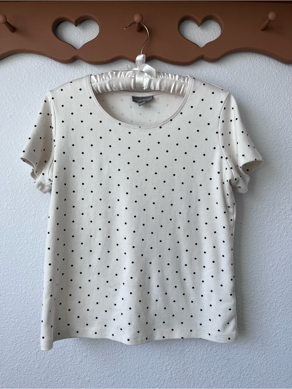 Style & Co. Cream Short Sleeve Tee with Black Polka Dots